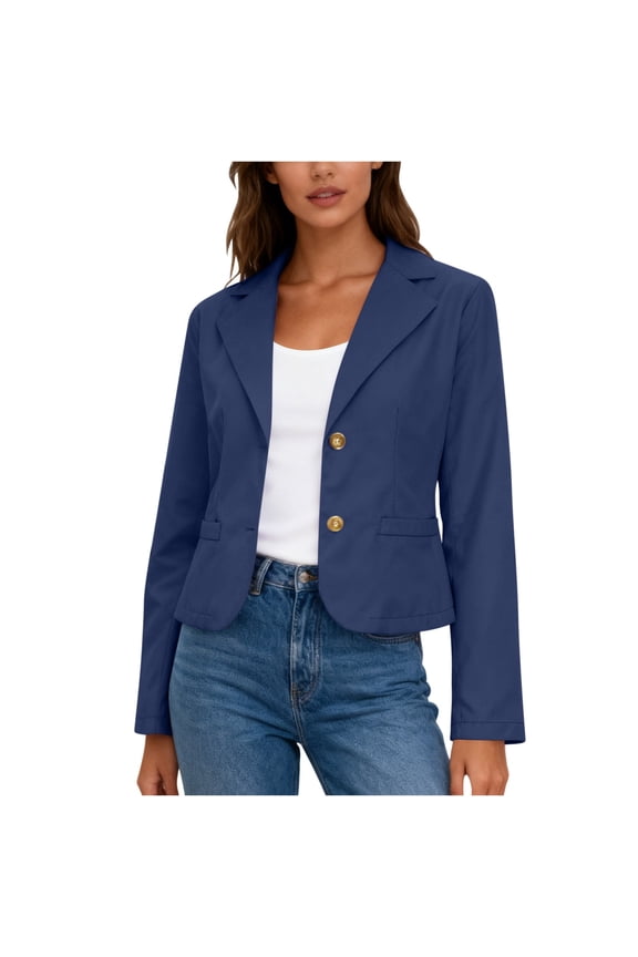 Womens Casual Blazer Jacket Long Sleeve Button Front V Neck Slim Fit Office Work Travel Lightweight Layer Stylish Fashion Elegant Basic Daily Wear(Navy,L)