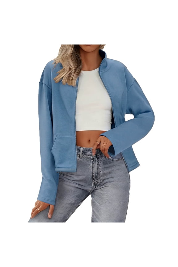 Womens Casual Jacket Solid Color Outwear Full Zipper Stand Collar Loose Fit Drop Shoulder Side Pockets Drawstring Lightweight for Daily Wear and Outdoor Activities(Blue,2XL)