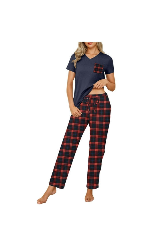 Womens Casual Printed V Neck Short Sleeve Blouse and Pants Set Comfortable Pajama Two Piece Outfit for Night and Sleep Wear
