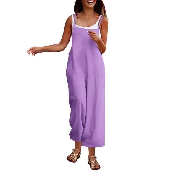 CheerKidz Womens Casual Sleeveless Jumpsuit Romper Spaghetti Strap High Waist Wide Leg Pocket Beach Summer Playsuit(Purple,XL)
