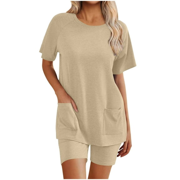 CheerKidz Womens Casual Solid Color Short Sleeve Round Neck Top with Pocket Shorts Set Comfortable Two Piece Outfit for Home and Lounge Wear