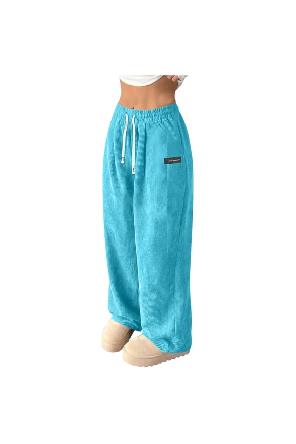 Womens Corduroy Wide Leg Pants Casual Loose Elastic Waist with Drawstring Button Front Patch Pocket Long Trousers for Daily Streetwear Fashion Wear Fall Winter(Sky Blue,2XL)