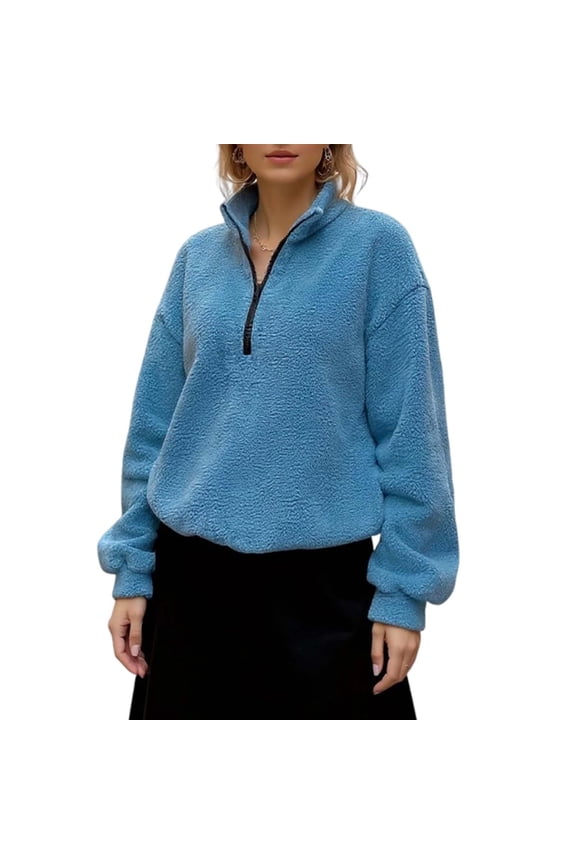 Womens Faux Wool High Neck Lapel Half Zip Coat Long Sleeve Pullover Top Cozy Winter Warm Fleece Soft Casual Comfortable Tunic Outwear(Blue,S)
