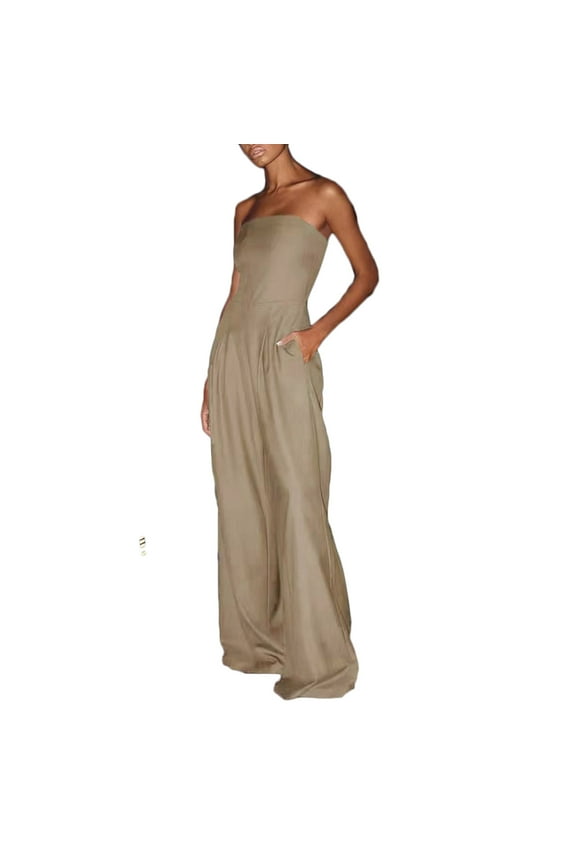 Womens Figure Hugging Long Jumpsuit Summer Strapless Solid Color Pocket Night Out Dress(Khaki,S)
