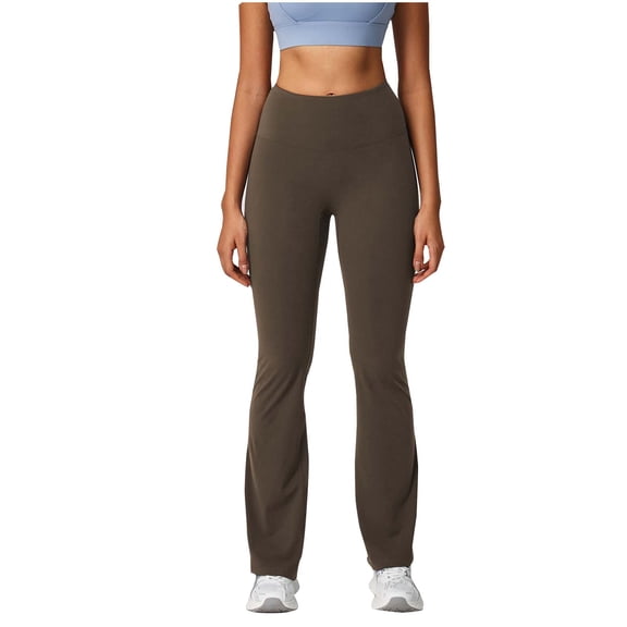 CheerKidz Womens High Waist Flared Yoga Pants Solid Color Full Length Stretchy Workout Trousers for Dance Gym Fitness Flexible Comfortable Breathable(Brown,L)