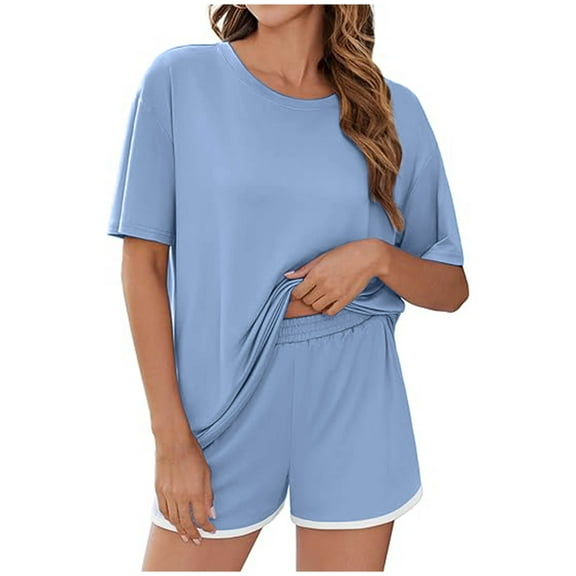 CheerKidz Two Piece Sets for Women 2025 Summer Short Matching Home Tops Elastic Waist Shorts Set Casual Loose V Neck Beach Vacation Travel Outfits(Z03#Blue,XL)