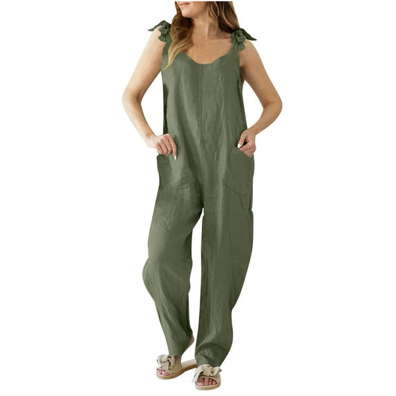 CheerKidz Womens Loose Dungarees Romper Casual Imitation Linen Jumpsuit Baggy Playsuit Summer Overalls(Army Green#1,2XL)