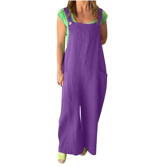 CheerKidz Womens Loose Dungarees Romper Casual Imitation Linen Jumpsuit Baggy Playsuit Summer Overalls(Purple,2XL)