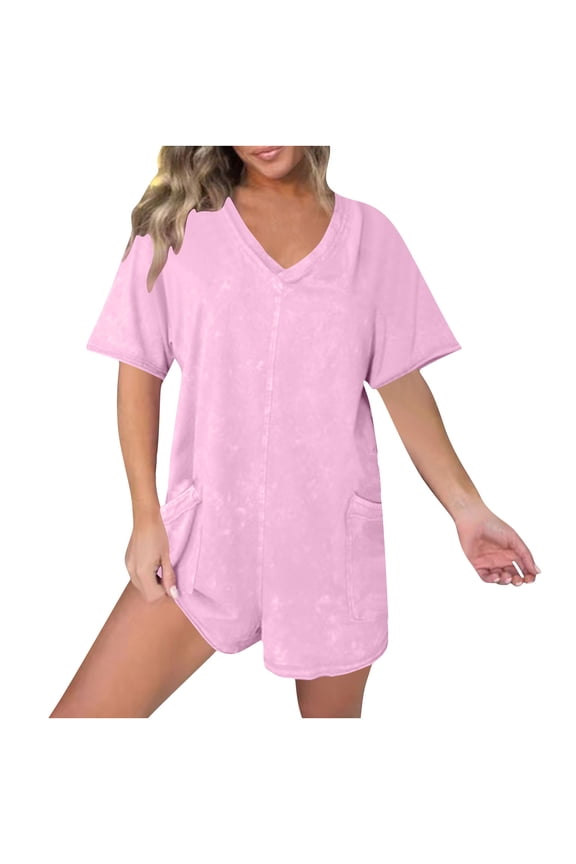 Womens Loose Fits Distressed Jumpsuit V Neck Round Neck Oversized Casual Romper Long Sleeve Boho Style(Pink,M)
