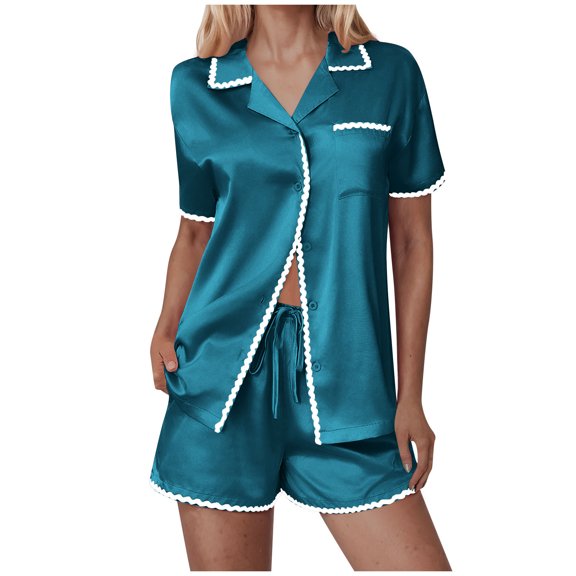 CheerKidz Womens Loose Fits Short Sleeve Turndown Collar Pajama Set Solid Color Mid Calf Shirt Style Comfortable Two Piece Outfit