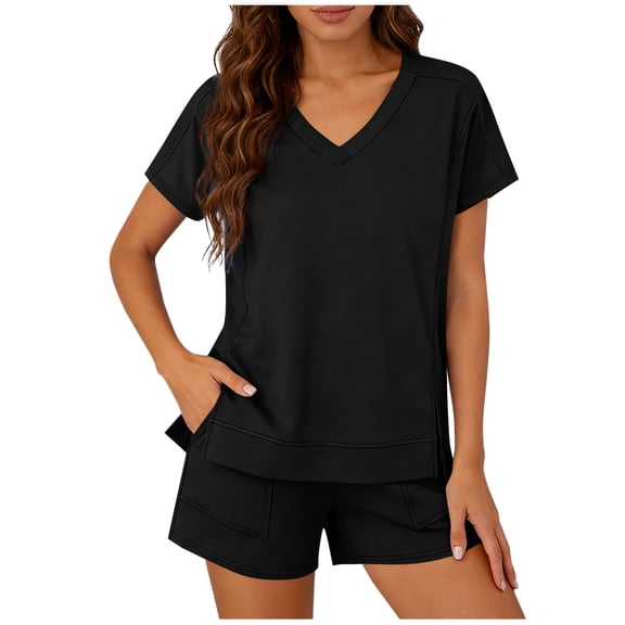 CheerKidz Womens Loose Fits Solid Color Short Sleeve Round Neck T-Shirt and Shorts Set Casual Comfortable Two Piece Outfit for Home Wear and Summer Vacation