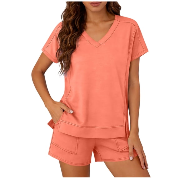 CheerKidz Womens Loose Fits Solid Color Short Sleeve Round Neck T-Shirt and Shorts Set Casual Comfortable Two Piece Outfit for Home Wear and Summer Vacation