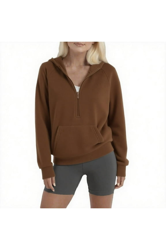 Womens Loose Solid Color Fleece Half Zip Hooded Raglan Sleeve Sweater Casual Comfortable Pullover Tops for Daily Wear Work Fashion Soft Cozy Winter Fall Outerwear(Coffee,XL)