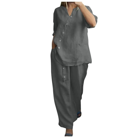 CheerKidz Womens New Solid Color Linen Quarter Sleeve Top and Wide Leg Pants Set Button Detail Two Piece Outfit