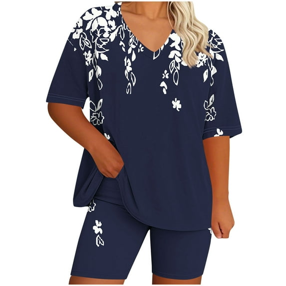 CheerKidz Womens Plus Size Printed V Neck Short Sleeve Top and Pants Set Comfortable Home Wear Pajama Suit for Lounge and Sleep
