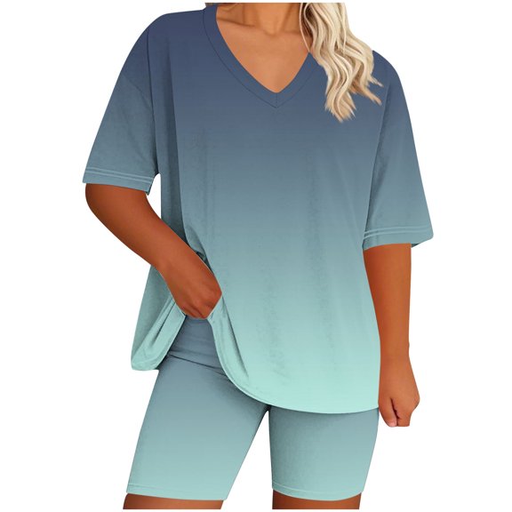 CheerKidz Womens Plus Size Printed V Neck Short Sleeve Top and Pants Set Comfortable Home Wear Pajama Suit for Lounge and Sleep
