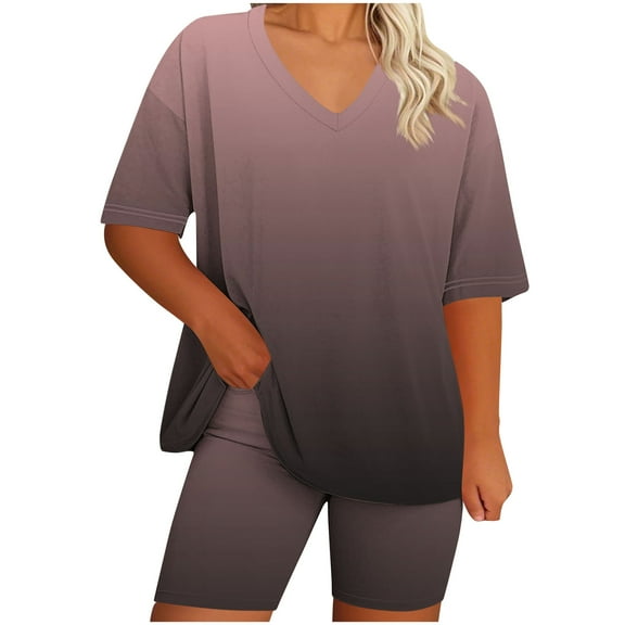 CheerKidz Womens Plus Size Printed V Neck Short Sleeve Top and Pants Set Comfortable Home Wear Pajama Suit for Lounge and Sleep