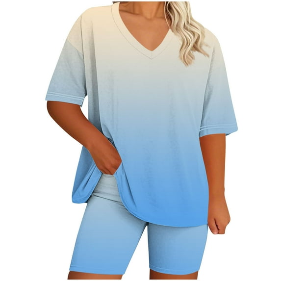 CheerKidz Womens Plus Size Printed V Neck Short Sleeve Top and Pants Set Comfortable Home Wear Pajama Suit for Lounge and Sleep