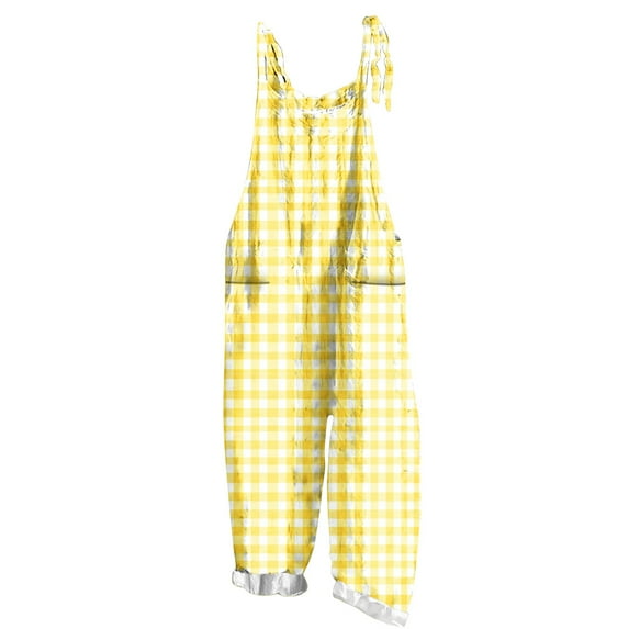 CheerKidz Womens Print Sleeveless Bib Jumpsuit Casual Overalls Denim Look Adjustable Straps Summer Festival Outfit(Yellow#7,4XL)