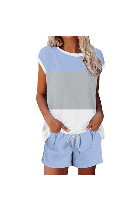 Womens Printed Short Sleeve Round Neck Pajama Set with Pants Comfortable Casual Home Wear Two Piece Outfit for Home and Sleep