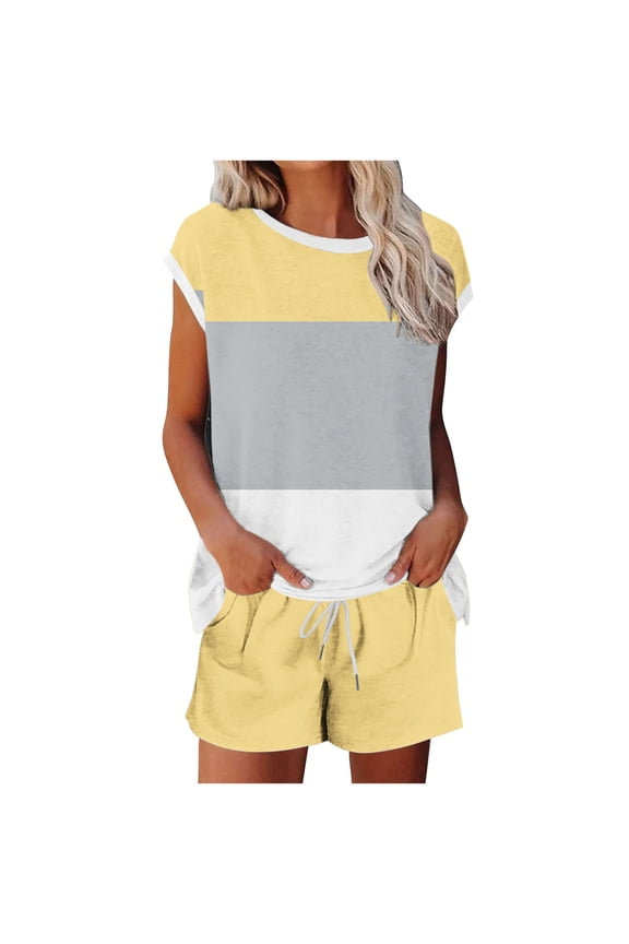 Womens Printed Short Sleeve Round Neck Pajama Set with Pants Comfortable Casual Home Wear Two Piece Outfit for Home and Sleep