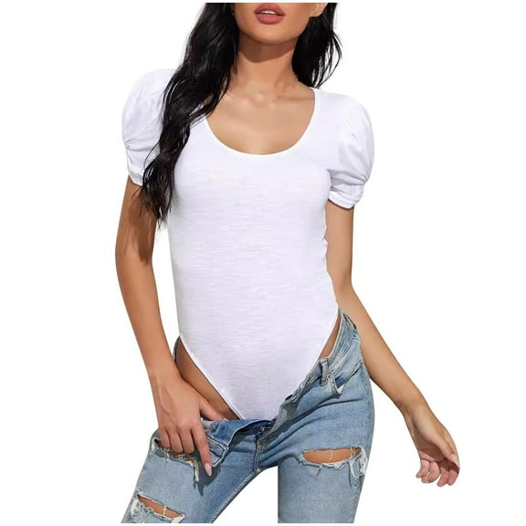 CheerKidz Womens Round Neck Short Sleeve Blouse Pleated Solid Color Bodysuit Casual Fashion Tops with Snap Closure(White,XL)