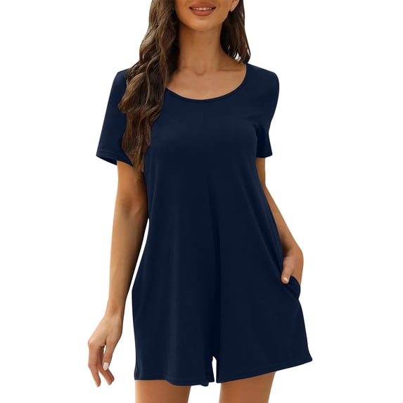 CheerKidz Womens Short Sleeve Backless Jumpsuit Round Neck Waistband Solid Color Night Out Bodycon Mini Romper Dress(Dark Blue,L)