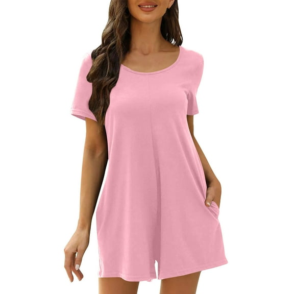 CheerKidz Womens Short Sleeve Backless Jumpsuit Round Neck Waistband Solid Color Night Out Bodycon Mini Romper Dress(Pink,2XL)