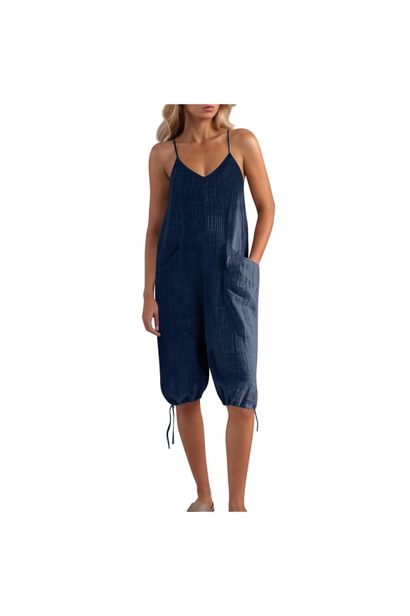 Womens Sleeveless Camisole Jumpsuit Summer Casual Suspender Romper Pocket Detail Solid Color Outfit(Navy,L)