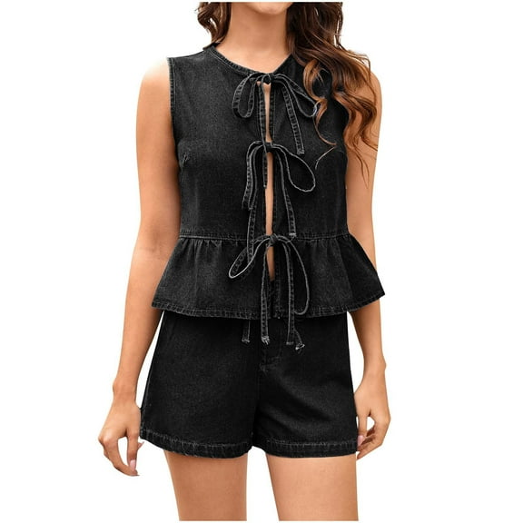 CheerKidz Womens Sleeveless V Neck Bow Tie Denim Shorts Set Elastic Waist Comfortable Two Piece Summer Outfit for Beach and Vacation