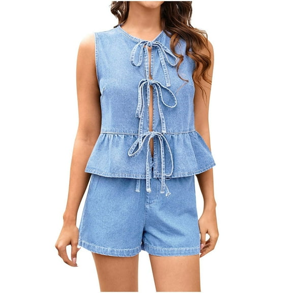 CheerKidz Womens Sleeveless V Neck Bow Tie Denim Shorts Set Elastic Waist Comfortable Two Piece Summer Outfit for Beach and Vacation