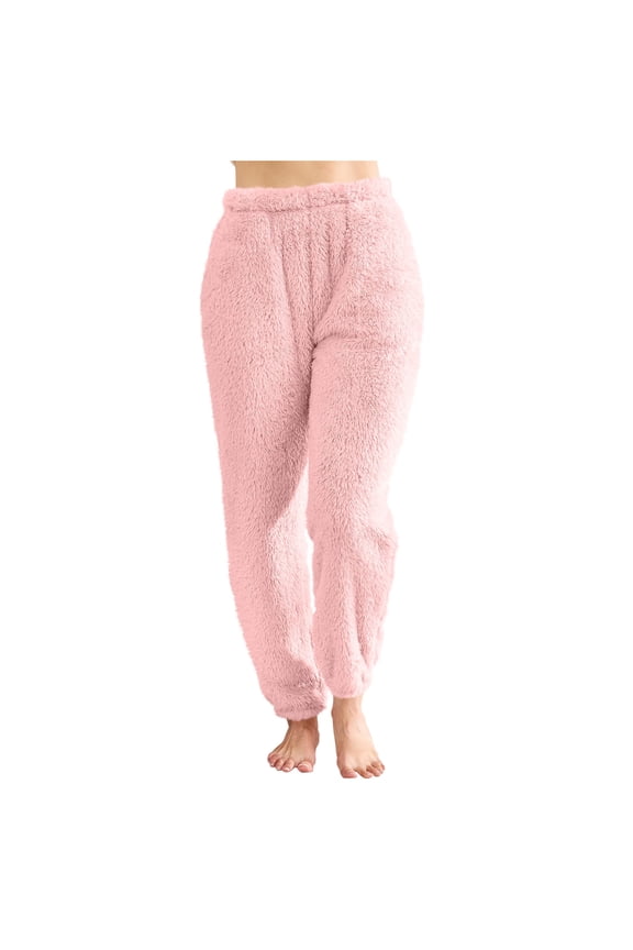 Womens Solid Color Furry Casual Warm Wide Leg Trousers with Drawstring Cozy Winter Pants Soft Fleece Lined Thermal Bottoms Comfortable Wear Holiday Pajama Pants(Pink#6,XL)