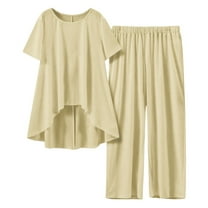 CheerKidz Womens Solid Color Linen Round Neck Split Hem Pants Set Casual Comfortable Five Piece Outfit for Summer Vacation