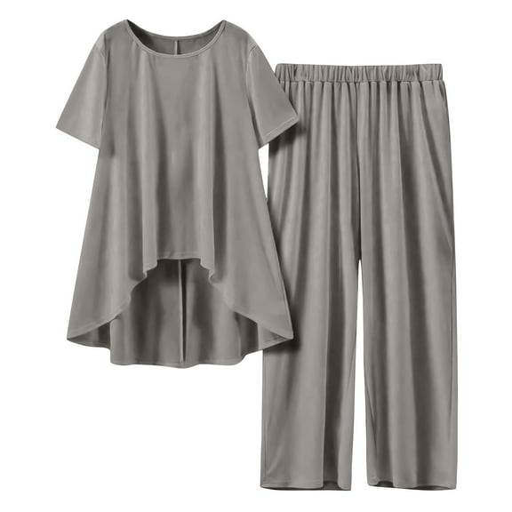 CheerKidz Womens Solid Color Linen Round Neck Split Hem Pants Set Casual Comfortable Five Piece Outfit for Summer Vacation