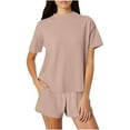 thumbnail image 1 of CheerKidz Womens Solid Color Loose 2 Piece Outfits 2025 Oversized Summer Shirts Shorts Set Casual Beach Ribbed Short Sleeve Matching Set(Z02-Beige,3XL), 1 of 6