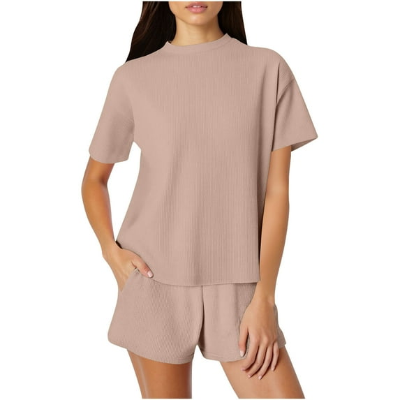 CheerKidz Womens Solid Color Loose 2 Piece Outfits 2025 Oversized Summer Shirts Shorts Set Casual Beach Ribbed Short Sleeve Matching Set(Z02-Beige,3XL)