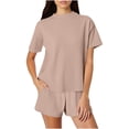 thumbnail image 1 of CheerKidz Womens Solid Color Loose 2 Piece Outfits 2025 Oversized Summer Shirts Shorts Set Casual Beach Ribbed Short Sleeve Matching Set(Z02-Beige,XL), 1 of 6