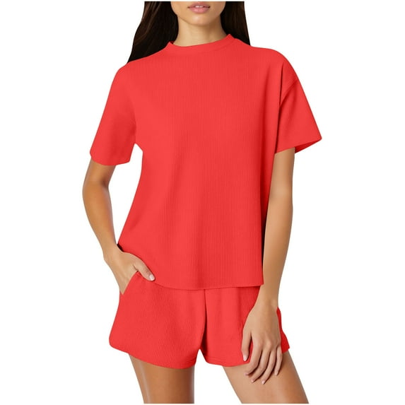 CheerKidz Womens Solid Color Loose 2 Piece Outfits 2025 Oversized Summer Shirts Shorts Set Casual Beach Ribbed Short Sleeve Matching Set(Z02-Red,2XL)