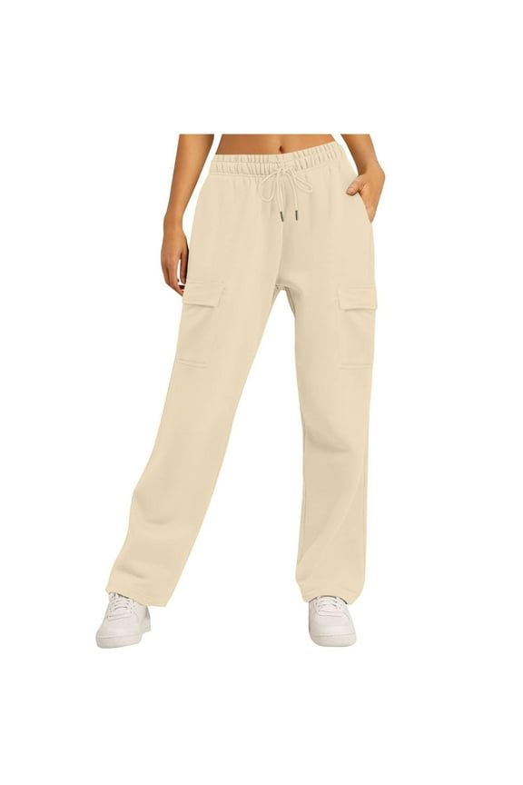 Womens Solid Color Loose Jogger Pants with Pockets Casual Sport Wear Everyday Trousers Soft Fiber Activewear Bottoms for Daily Workouts and Leisure Activities(Beige,S)