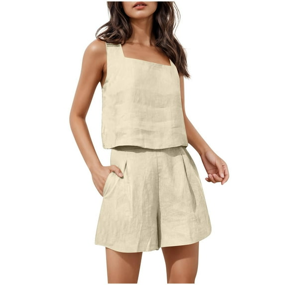 CheerKidz Womens Solid Color Square Neck Sleeveless Blouse with High Waist Shorts Set Button Detail Pockets Zipper Comfortable Stylish Two Piece Outfit