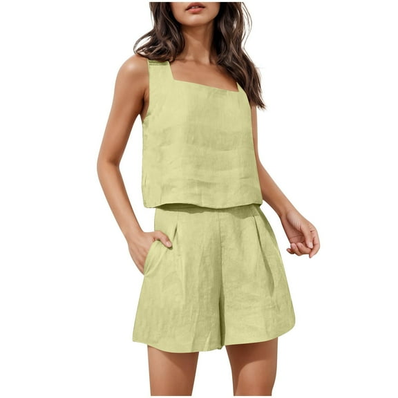 CheerKidz Womens Solid Color Square Neck Sleeveless Blouse with High Waist Shorts Set Button Detail Pockets Zipper Comfortable Stylish Two Piece Outfit