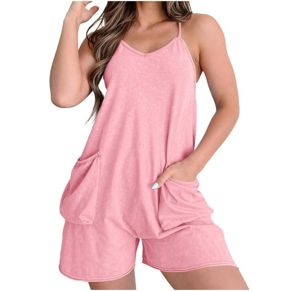 CheerKidz Womens Solid Color Suspender Jumpsuit Shorts Adjustable Straps Bodysuit Romper Elastic Waist Casual Summer Outfit(Pink,4XL)