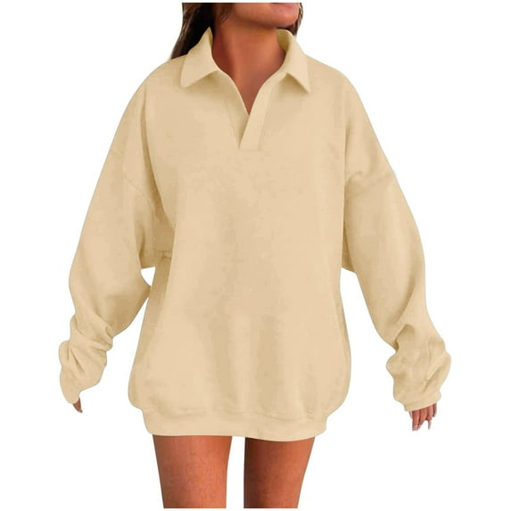 CheerKidz Womens Solid Color Sweatshirt Long Sleeve Pullover Blouse Casual LooseTunic Top for Daily Wear Fall Winter Fashion Comfortable Soft(Beige#1,L)