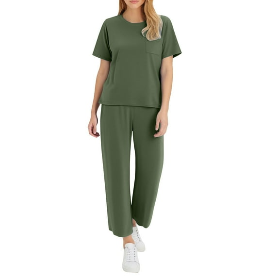 CheerKidz Womens Solid Color V Neck Top with Pants Set Summer Vacation Travel Lounge Matching Two Piece Outfit for Comfortable Wear