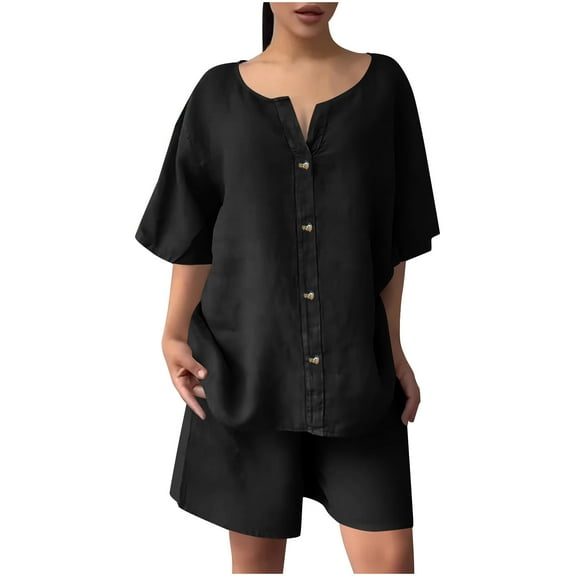 CheerKidz Womens Solid V Neck Button Down 3/4 Sleeve Top with Shorts Set Casual Comfortable Two Piece Outfit for Summer and Vacation