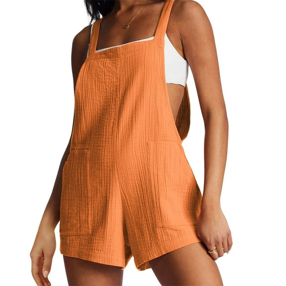 CheerKidz Womens Summer Adjustable Button Jumpsuit Sleeveless Short Wide Leg Romper Pocket Casual Street Style(Orange,M)