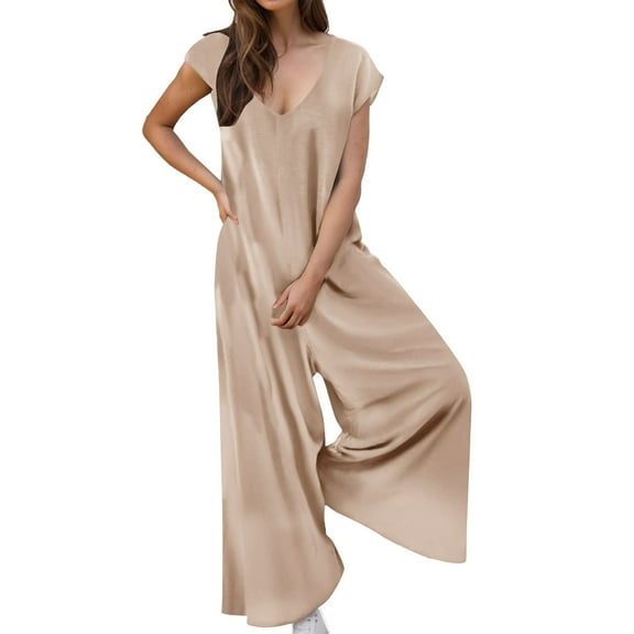 CheerKidz Womens Summer Casual Jumpsuit Short Sleeve Crewneck Loose Fit Solid Color Lounge Outdoor Travel Outfit(Beige,S)