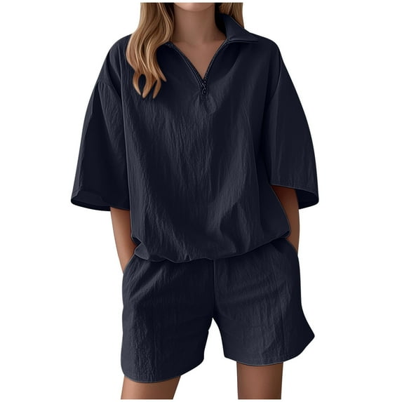 CheerKidz Womens Summer Casual Solid Color Short Sleeve Top and Shorts Set Comfortable Two Piece Outfit for Daily Wear