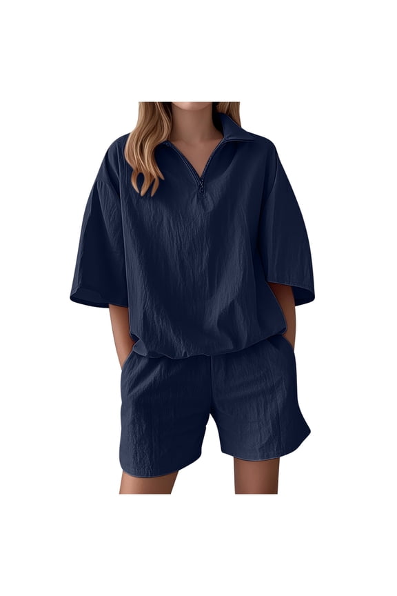 Womens Summer Casual Solid Color Short Sleeve Top and Shorts Set Comfortable Two Piece Outfit