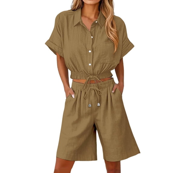 CheerKidz Womens Summer Linen Lapel Short Sleeve Button Down Top and Shorts Set Casual Work Wear Two Piece Outfit for Office and Daily Use